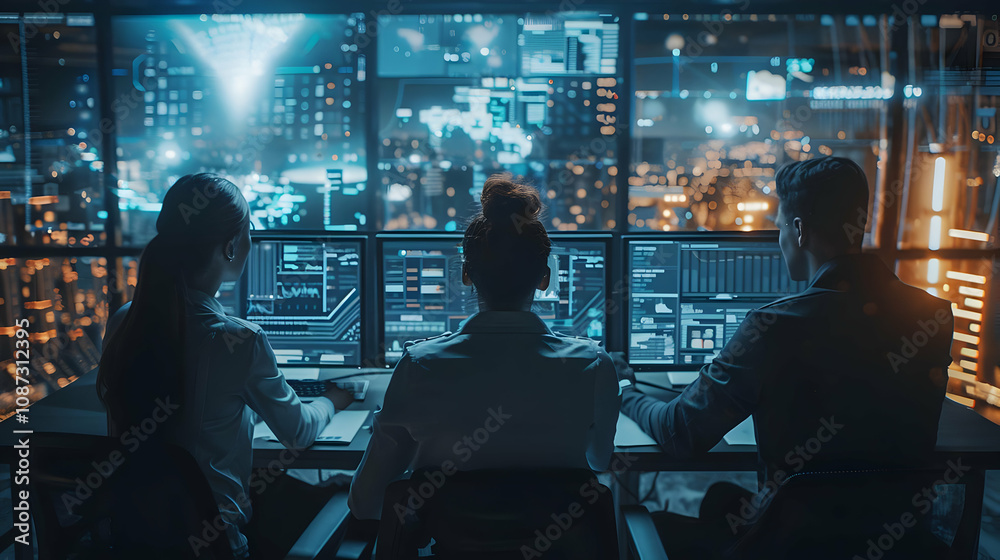 Team Analyzing Data on Multiple Screens in a Dark Futuristic Control Room at Night Team Analyzing Data on Multiple Screens in a Dark Futuristic Control Room at Night