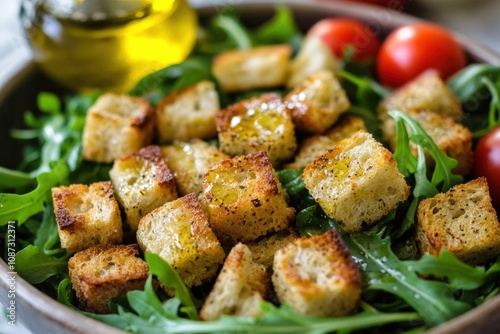 Olive Oil Drizzled on Salad With Croutons and Tomatoes