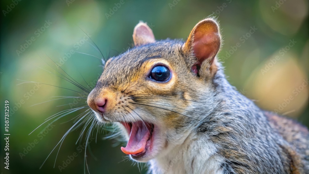 Obraz premium A close-up portrait of a grey squirrel with its mouth open and its whiskers extended, revealing its pink tongue and a surprised expression, against a soft green and brown background.
