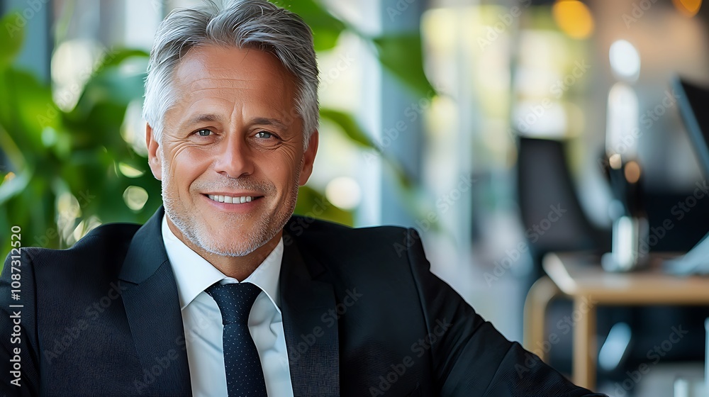 A middle aged businessman with a confident and approachable demeanor is seated in a modern office, wearing a sharp black suit and tie A middle aged businessman with a confident and approachable demeanor is seated in a modern office, wearing a sharp black suit and tie