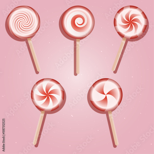 Red and white lollypops on pink background.