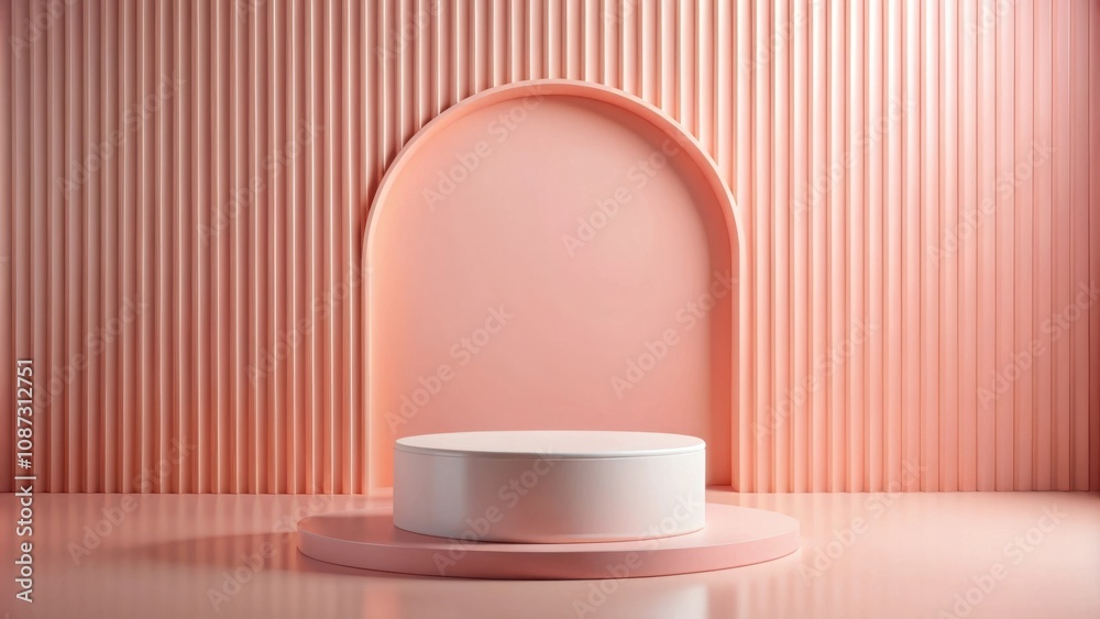 A minimalist display with a round pedestal positioned in front of an arched alcove, all set against a backdrop of vertical, pastel pink lines.