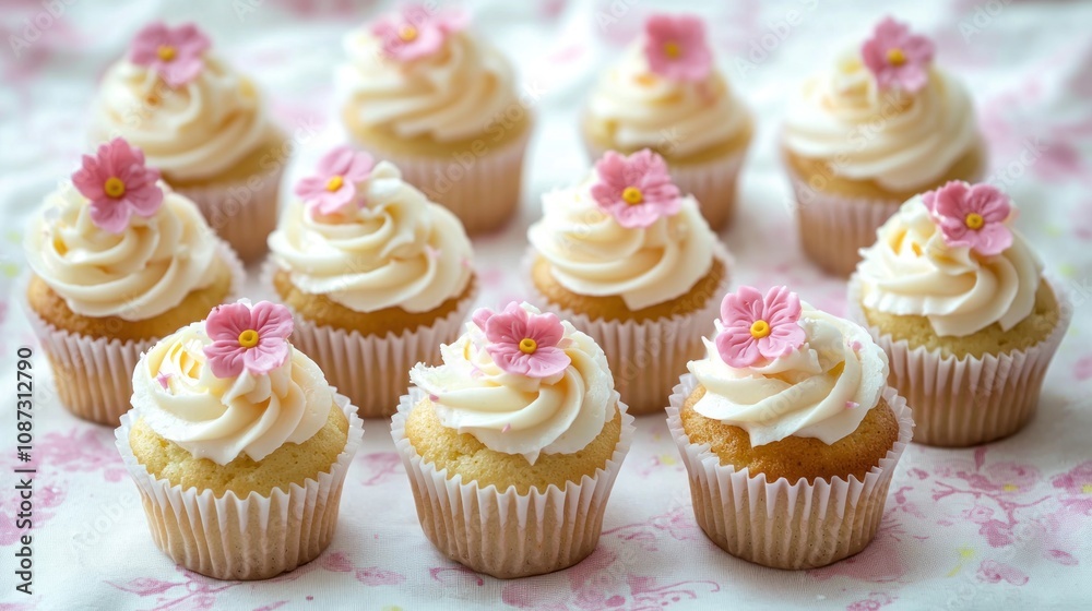 A dozen cupcakes arranged for a party, showcasing creativity and dessert making A dozen cupcakes arranged for a party, showcasing creativity and dessert making