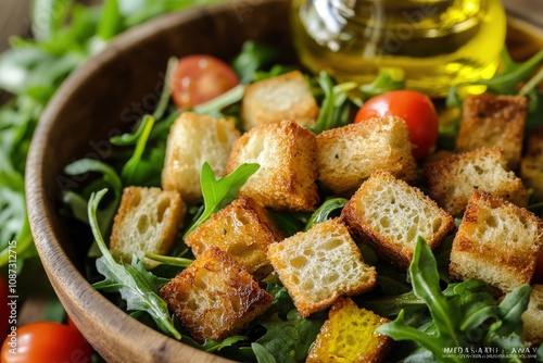 Olive Oil Drizzled on Salad With Croutons and Tomatoes