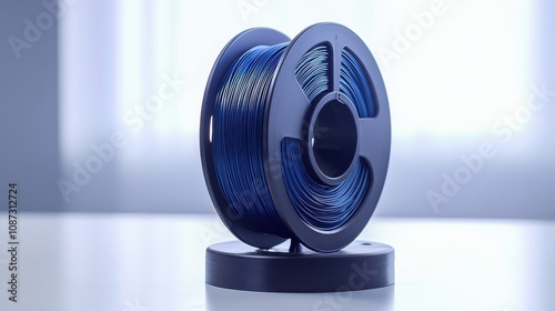 Blue filament spool on a table, illuminated by soft light in a quiet workspace