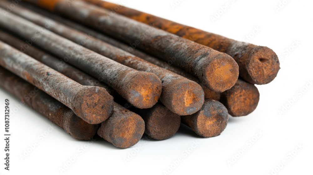 Close-up of a pile of rusted metal rods on a white background, showcasing the texture and corrosion of industrial steel materials. Close-up of a pile of rusted metal rods on a white background, showcasing the texture and corrosion of industrial steel materials.