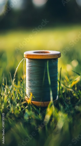 Green Thread Spool on Grass: Nature Photography