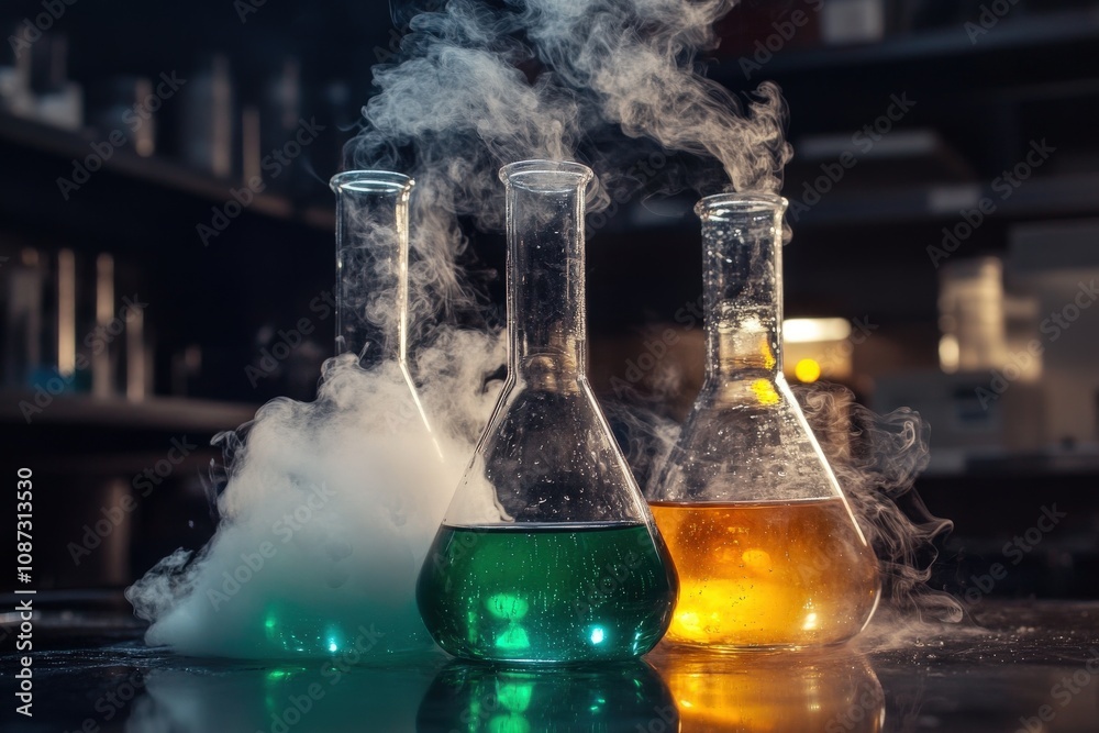 A lab table with a beaker of liquid and a beaker of smoke A lab table with a beaker of liquid and a beaker of smoke
