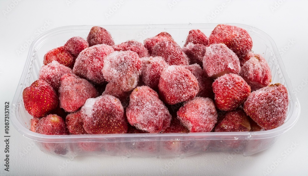 Frozen strawberries in a plastic container on a white background. ai generated
