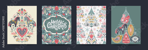 Collection of four trendy vector Christmas cards with hand drawn holiday elements, snowflakes. Scandinavian folk ornament