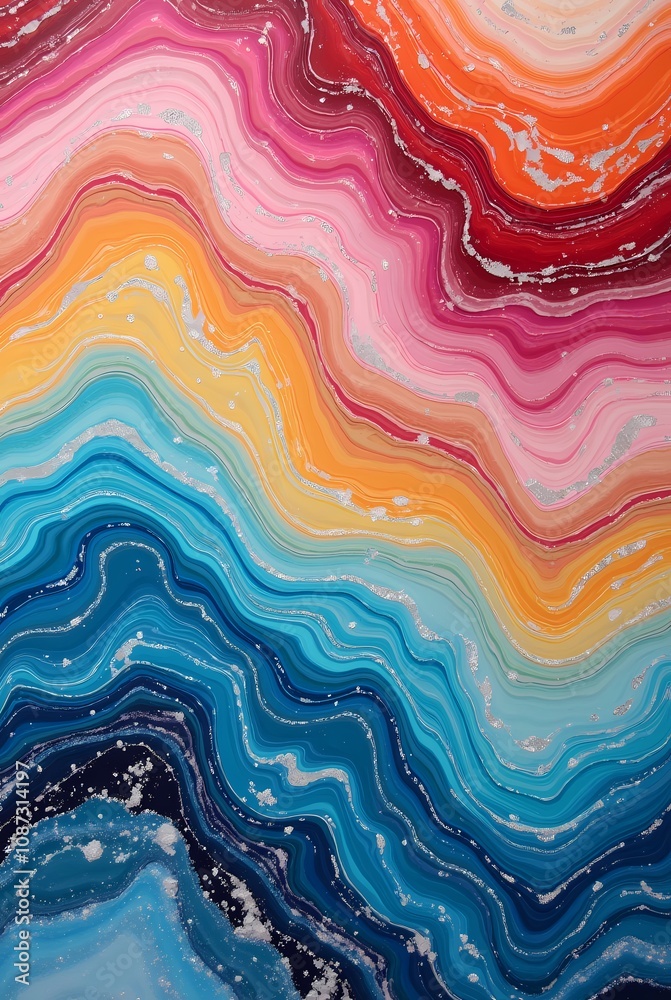 Fototapeta premium Abstract marble acrylic paint painted waves saturated colors rainbow swirls