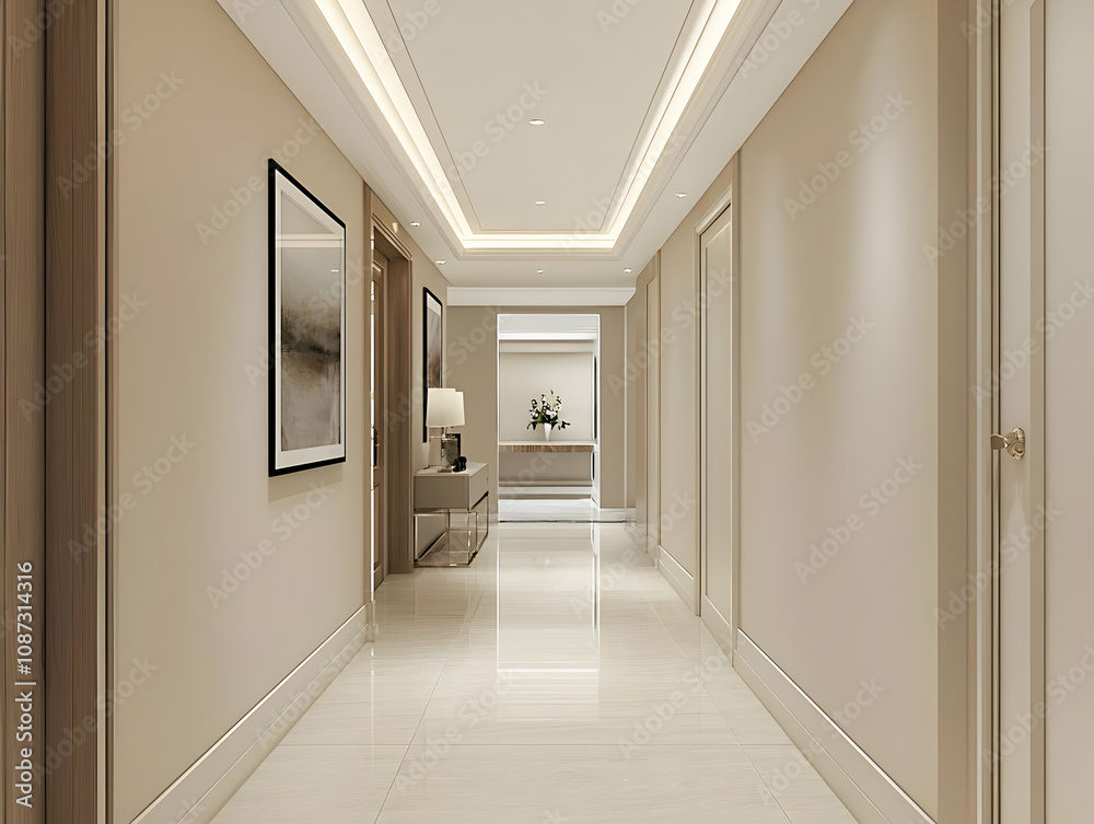 Fototapeta premium Neutral-toned hallway with minimalist decor, creating a warm, calm vibe.