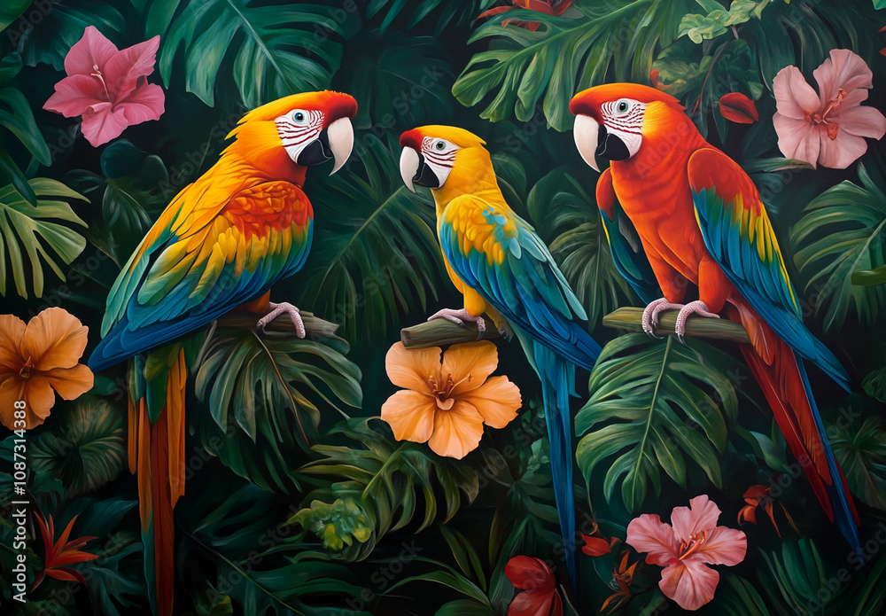 A painting depicts three macaws of varying colorsâ€”red, yellow, and blueâ€”resting on branches surrounded by large, green tropical leaves and hibiscus blossoms