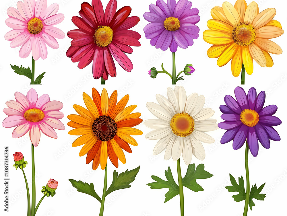 Set of colorful daisies isolated on a white background, vector illustration with simple lines, flat design, no shadows, no 3D effect, no gradient, white background, Set of colorful daisies isolated on a white background, vector illustration with simple lines, flat design, no shadows, no 3D effect, no gradient, white background,