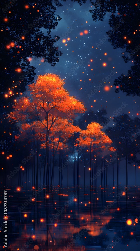 Fototapeta premium A cyberpunk post-apocolypse city landscape with neon orange trees and glowing lights