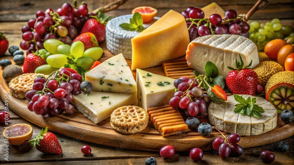 Exquisite Gourmet Cheese Board with Crackers, Fresh Grapes, and Seasonal Fruits for Elegant Gatherings and Celebrations Exquisite Gourmet Cheese Board with Crackers, Fresh Grapes, and Seasonal Fruits for Elegant Gatherings and Celebrations