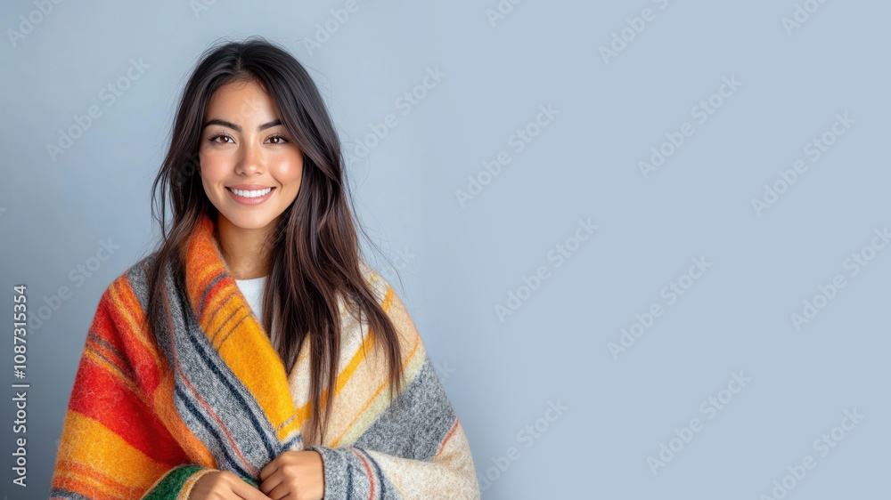 Malay woman wearing traditional cloak wool poncho isolated on gray Malay woman wearing traditional cloak wool poncho isolated on gray