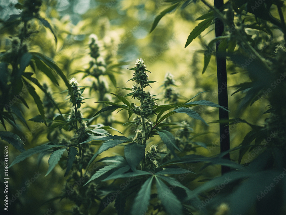 Obraz premium Lush Cannabis Garden: Harmony of Nature's Growth and Human Cultivation in Tranquil Sanctuary