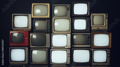 A collection of vintage televisions arranged in a grid, showcasing retro technology.