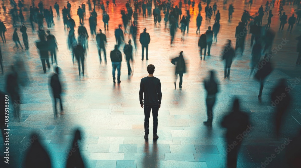 An individual standing alone in a crowded space with a hesitant look, representing feelings of apprehension in a social situation