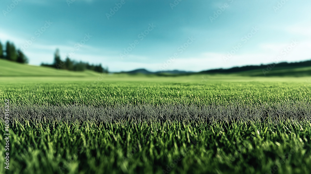 Close-up view of a lush green grass field with a focus on the grass blades, against a blurred background of distant trees and a clear blue sky. Close-up view of a lush green grass field with a focus on the grass blades, against a blurred background of distant trees and a clear blue sky.