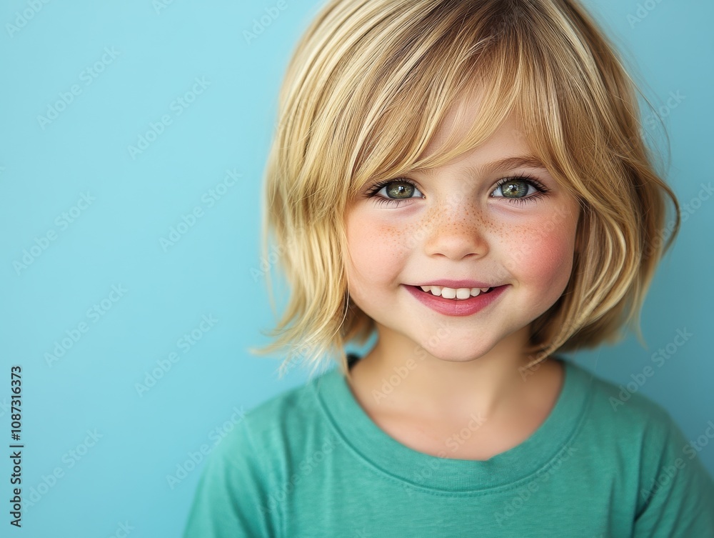 A young girl with blue eyes and blonde hair smiles gently, her innocence framed by a soft blue background and turquoise background. A young girl with blue eyes and blonde hair smiles gently, her innocence framed by a soft blue background and turquoise background.