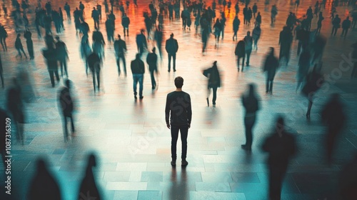 Obraz na płótnie An individual standing alone in a crowded space with a hesitant look, representing feelings of apprehension in a social situation w salonie