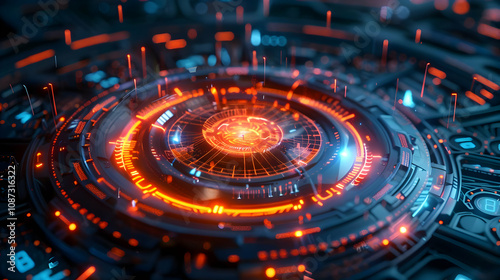 Abstract 3D Futuristic Technology Interface Glows Brightly with Orange and Blue Hues, Detailed Circular Design Radiates Energy