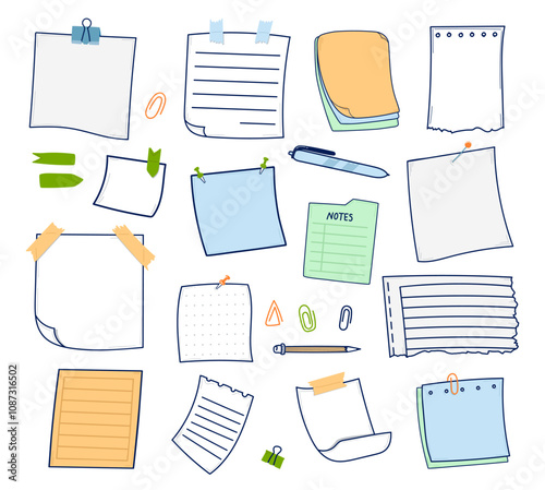 Notebook page, paper sheets, memo stickers, adhesive notice reminders hand drawn doodle set