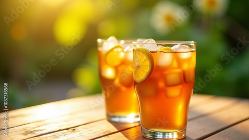 Two glasses of iced tea with fresh lemon slices, captured in warm sunlight with a lush green background. Perfect for summer, beverages, and outdoor refreshment themes.