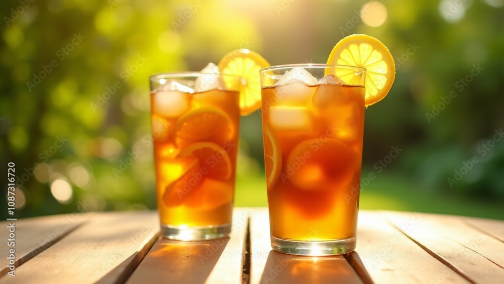 Two glasses of iced tea with fresh lemon slices, captured in warm sunlight with a lush green background. Perfect for summer, beverages, and outdoor refreshment themes. Two glasses of iced tea with fresh lemon slices, captured in warm sunlight with a lush green background. Perfect for summer, beverages, and outdoor refreshment themes.
