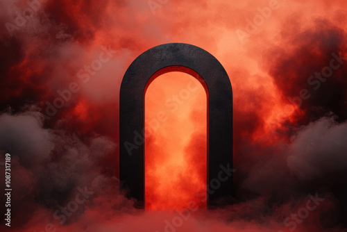 A dramatic arch stands against a fiery red and smoky backdrop, creating an otherworldly atmosphere filled with mystery and intrigue.