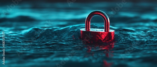 A red padlock floating on water, symbolizing security and protection.