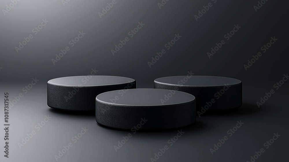 Three black round podiums arranged on a dark background, creating a minimalist and modern aesthetic suitable for display or exhibition purposes. Three black round podiums arranged on a dark background, creating a minimalist and modern aesthetic suitable for display or exhibition purposes.