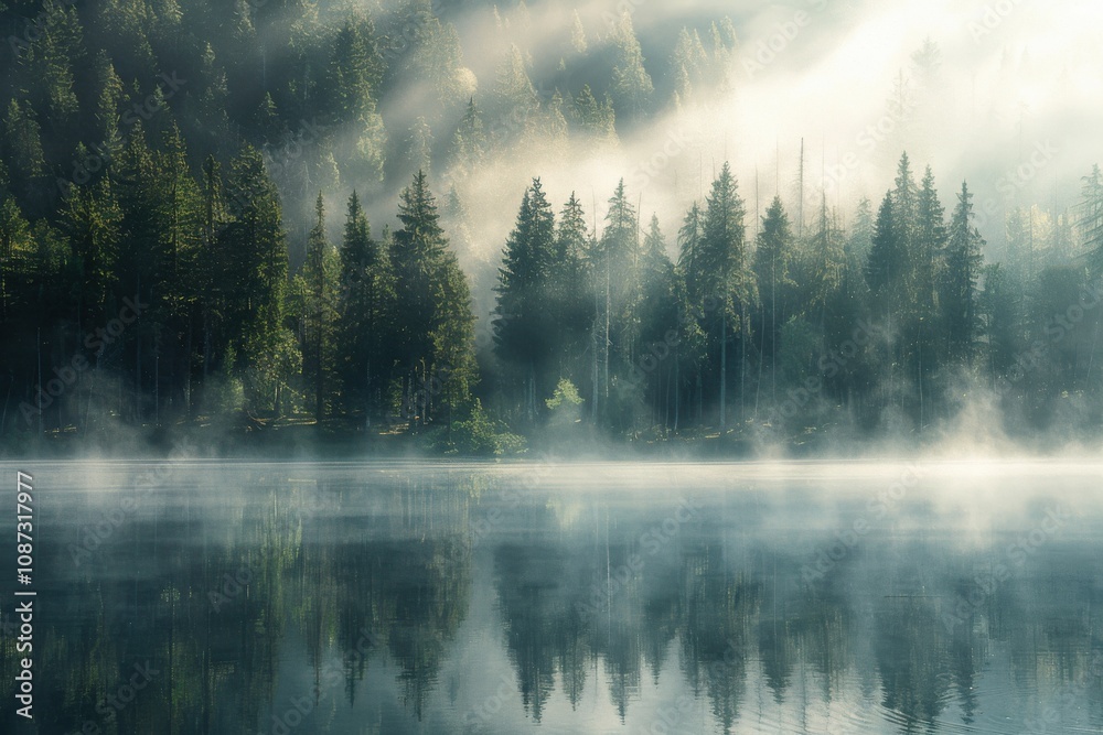 Fototapeta premium Misty Forest Reflects in Calm Lake at Dawn Serenely with Fog Gracefully
