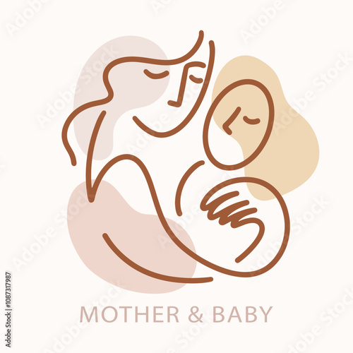 Mother and Baby One Line Art Drawing Breastfeeding