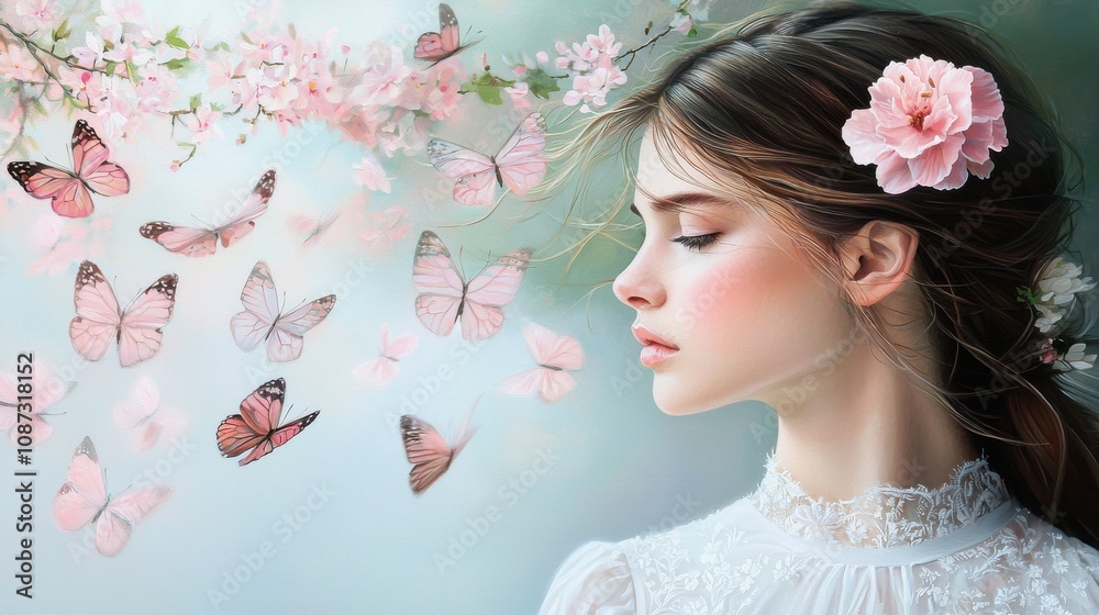 Fototapeta premium Serene Woman with Pink Flowers and Butterflies