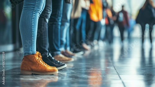 An individual respecting social distancing guidelines while waiting in line, symbolizing the act of abiding by health and safety protocols photo