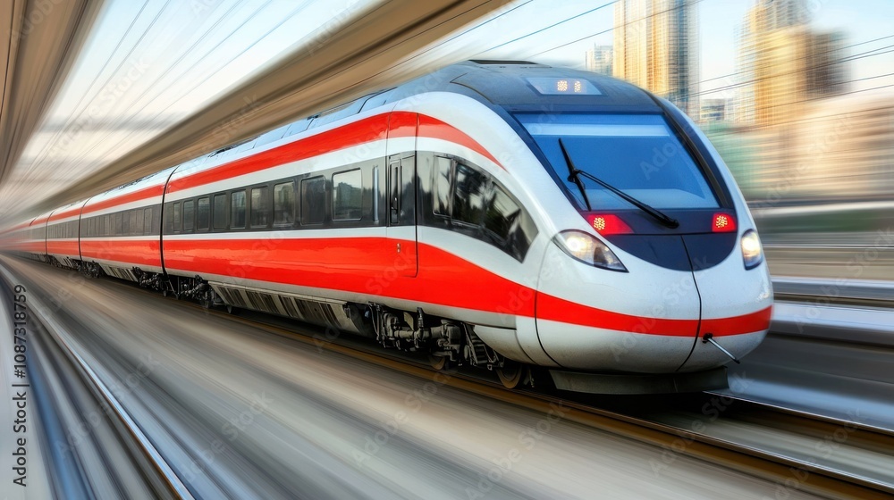 A high-speed train in motion, showcasing modern transport efficiency and design. A high-speed train in motion, showcasing modern transport efficiency and design.