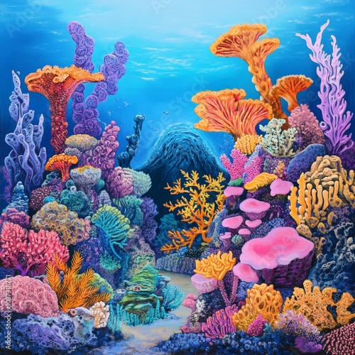 Vibrant Coral Reef Underwater Scene with Colorful Marine Life photo