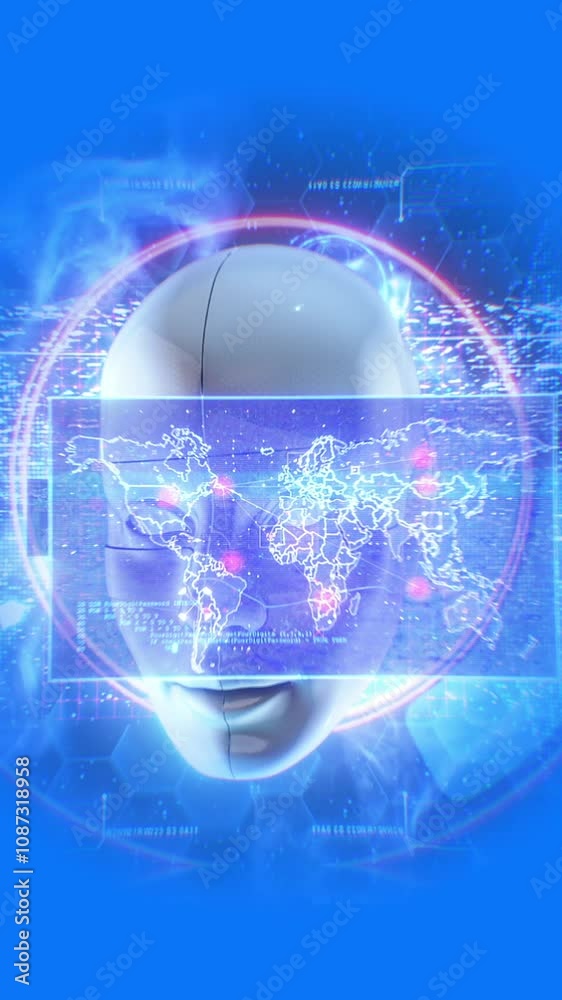 In a digital world of pulsating data we see a central 3D character of an AI assistant with access to unlimited knowledge and data.