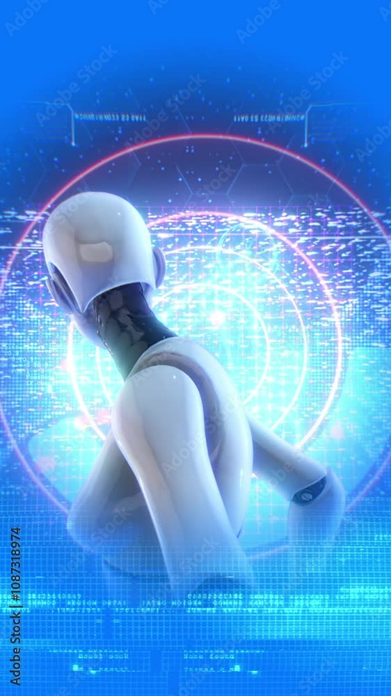 In a digital world of pulsating data we see a central 3D character of an AI assistant with access to unlimited knowledge and data.