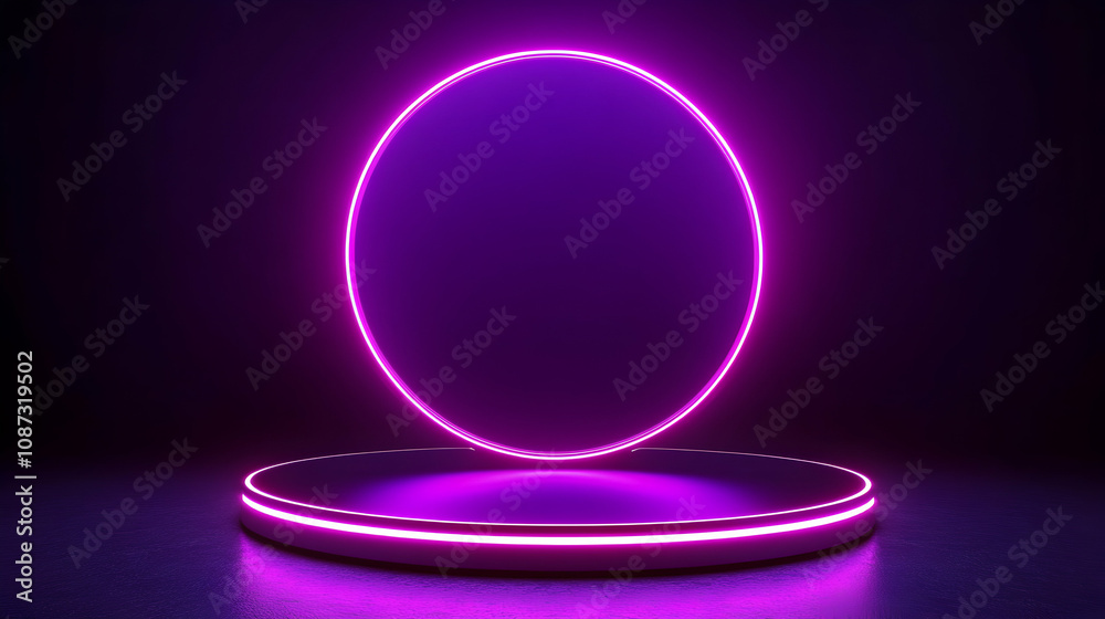 A 3D Render of a Circular Neon Sign with a Platform Below in a Dark Room with Purple Glowing Lights A 3D Render of a Circular Neon Sign with a Platform Below in a Dark Room with Purple Glowing Lights