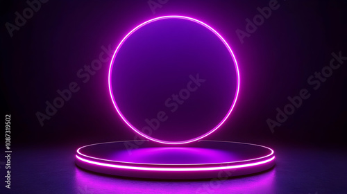 A 3D Render of a Circular Neon Sign with a Platform Below in a Dark Room with Purple Glowing Lights