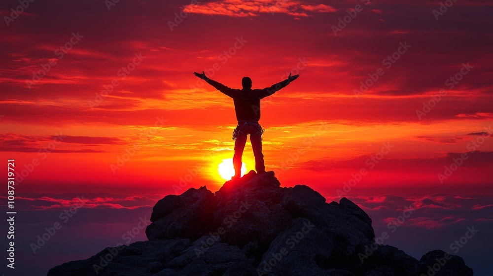Victorious Climber at Rocky Summit at Sunrise Victorious Climber at Rocky Summit at Sunrise