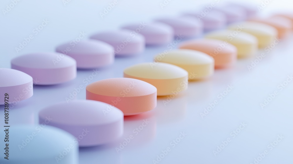 Colorful capsules and round tablets neatly arranged in a straight row on a smooth white surface, highlighting vibrant pastel colors and clean textures for a professional pharmaceutical layout. Colorful capsules and round tablets neatly arranged in a straight row on a smooth white surface, highlighting vibrant pastel colors and clean textures for a professional pharmaceutical layout.