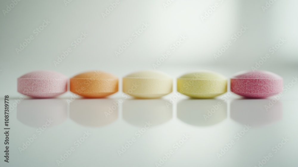 Colorful capsules and round tablets neatly arranged in a straight row on a smooth white surface, highlighting vibrant pastel colors and clean textures for a professional pharmaceutical layout. Colorful capsules and round tablets neatly arranged in a straight row on a smooth white surface, highlighting vibrant pastel colors and clean textures for a professional pharmaceutical layout.