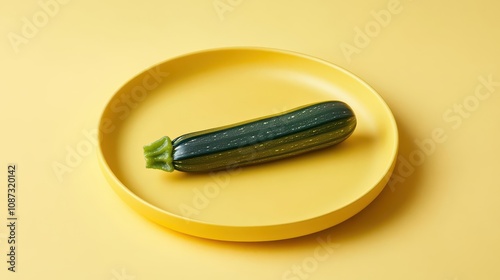 A pale yellow plate featuring one baby zucchini, isolated on the plate, highresolution, pastel tones photo