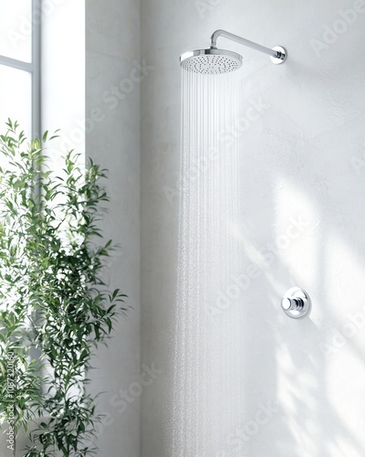 A sleek showerhead dispenses cascading water in a bright bathroom, complemented by greenery near a sunlit window.