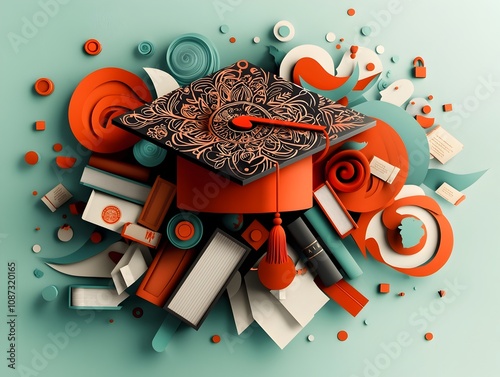 Playful collage inspired of a graduation cap adorned with intricate decorative patterns interacting with a chaotic whimsical arrangement of books and academic iconography photo